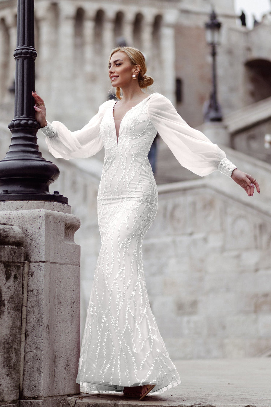 Prom Dresses Beaded Mermaid Long Formal Prom Dress  White