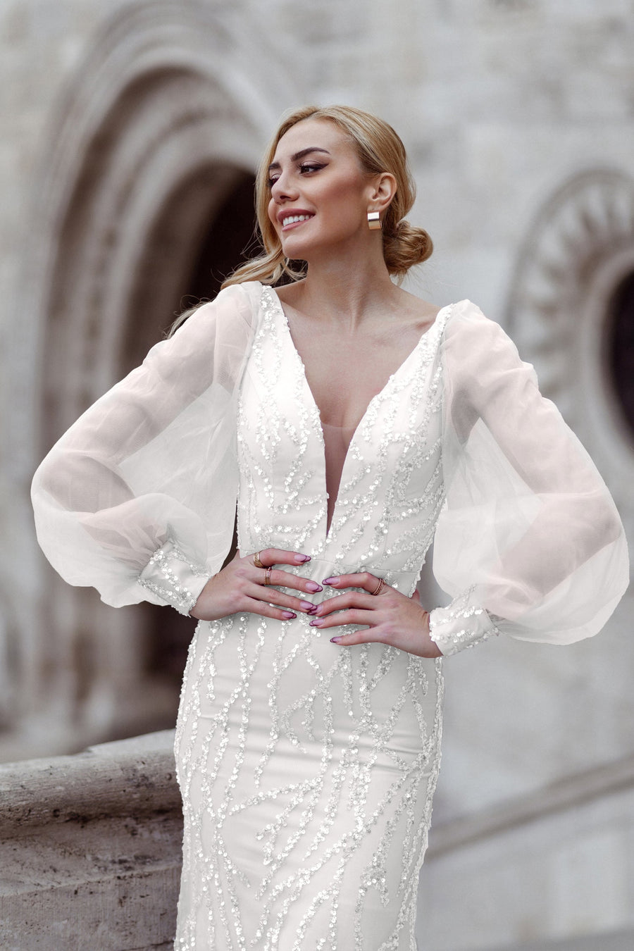 Prom Dresses Beaded Mermaid Long Formal Prom Dress  White