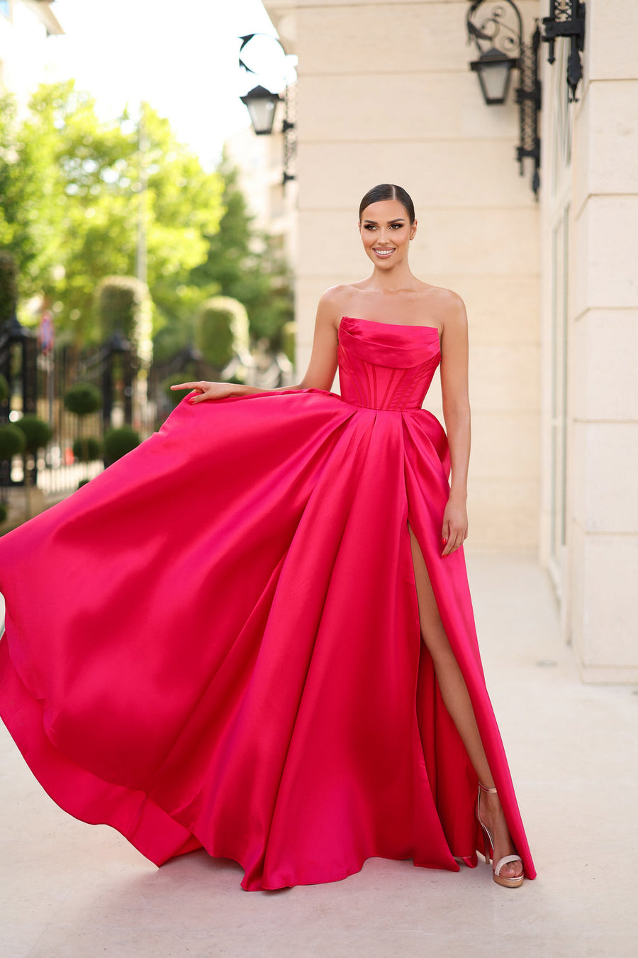 Prom Dresses Ball Gown Long Slit Formal Prom Dress Ruby Red