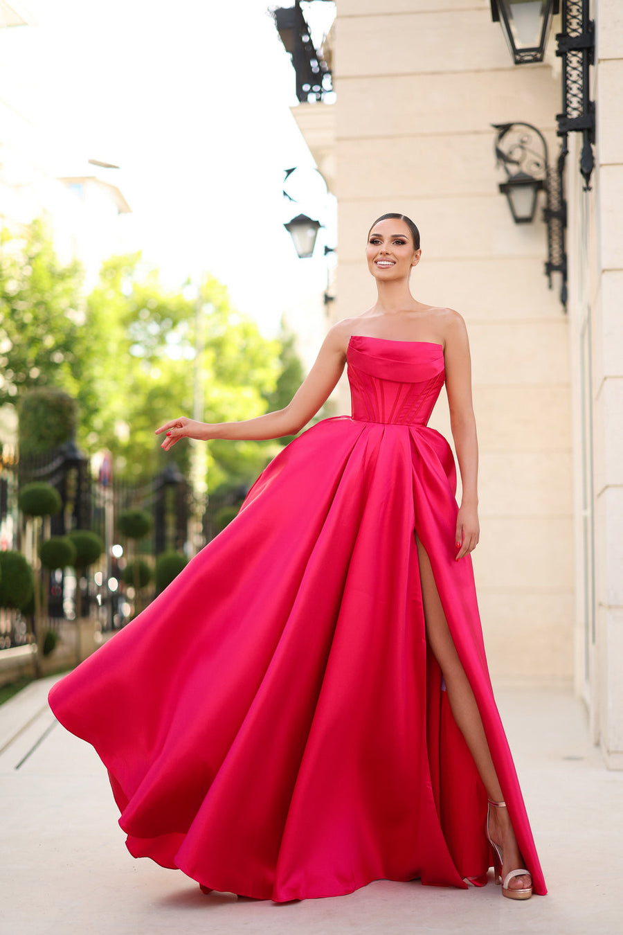 Prom Dresses Ball Gown Long Slit Formal Prom Dress Ruby Red