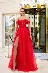 Prom Dresses Long A Line Formal Beaaded Lace Prom Dress Red