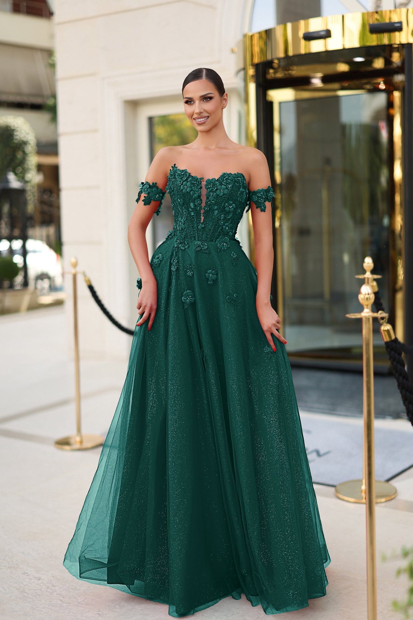 Prom Dresses Long A Line Formal Beaaded Lace Prom Dress Emerald
