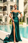 Prom Dresses Long Slit Formal Lace Applique Mermaid Prom Dress Emerald
