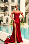 Prom Dresses Long Slit Formal Lace Applique Mermaid Prom Dress Red