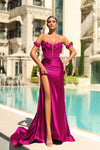 Prom Dresses Long Slit Formal Lace Applique Mermaid Prom Dress Magenta