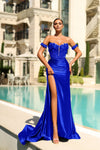 Prom Dresses Long Slit Formal Lace Applique Mermaid Prom Dress Royal Blue