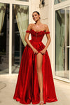Prom Dresses A Line Slit Long Formal 3D Lace Prom Dress Red