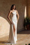 Wedding Dresses Long Bridal Fitted Ruched Slit Wedding Dress Off White