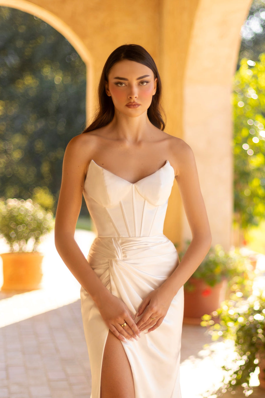 Wedding Dresses Bridal Long Pleated Slit Wedding Dress Off White