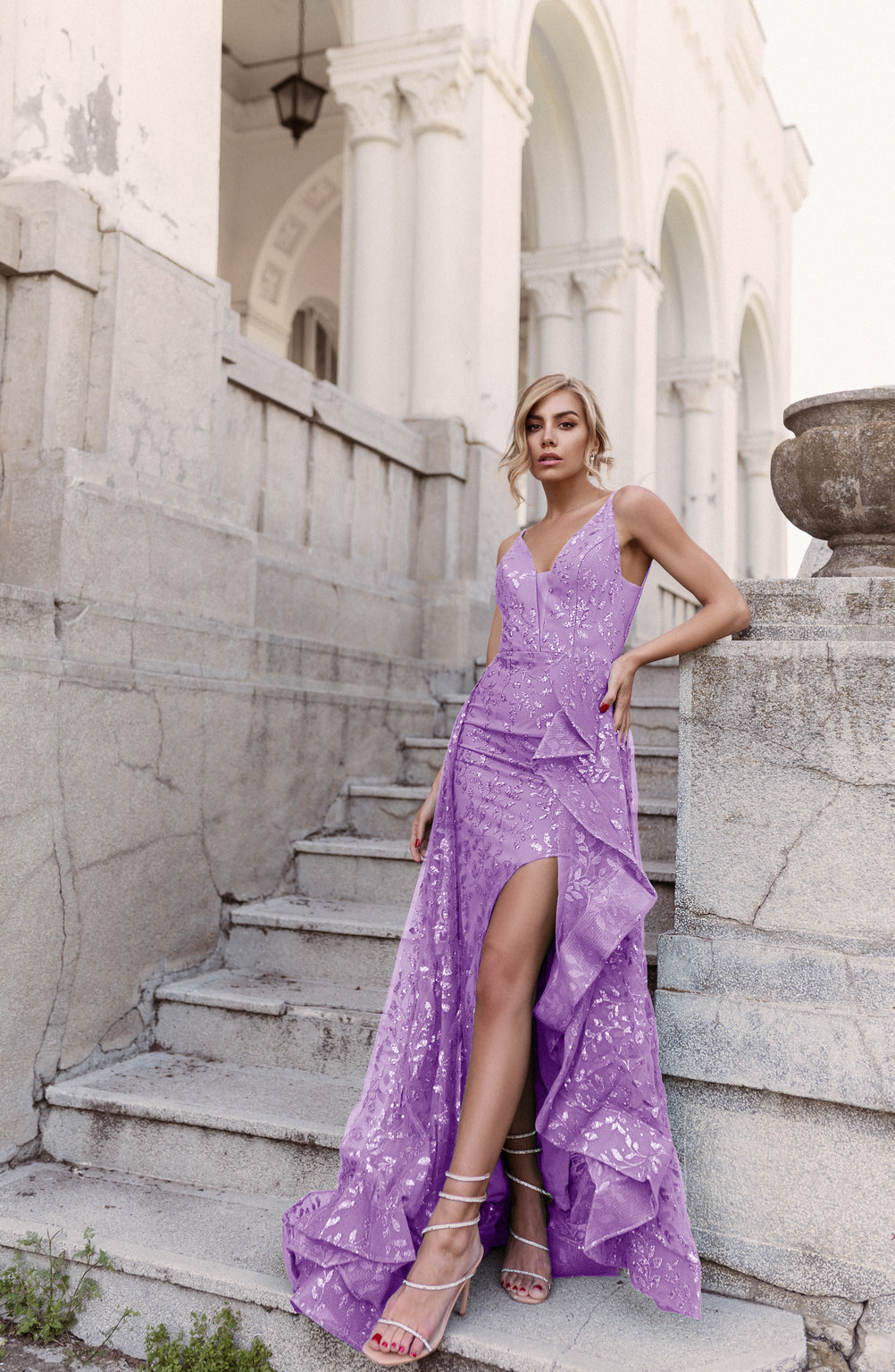 Prom Dresses Fitted Long Ruffle Glitter Formal Prom Dress Lilac