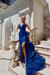 Prom Dresses Fitted Long Ruffle Glitter Formal Prom Dress Royal Blue