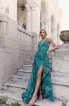 Prom Dresses Fitted Long Ruffle Glitter Formal Prom Dress Turquoise