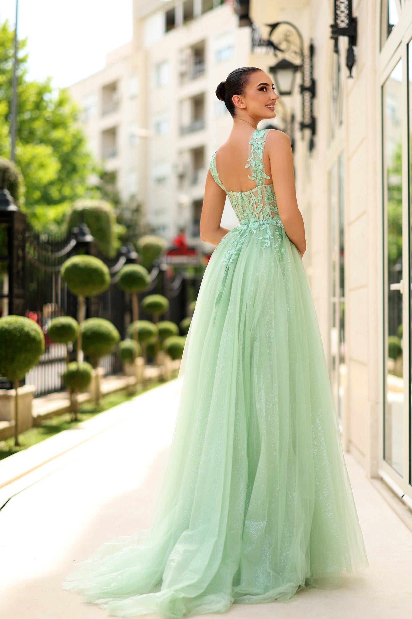 Prom Dresses Long Formal Lace Applique A Line Prom Dress Pale Sage