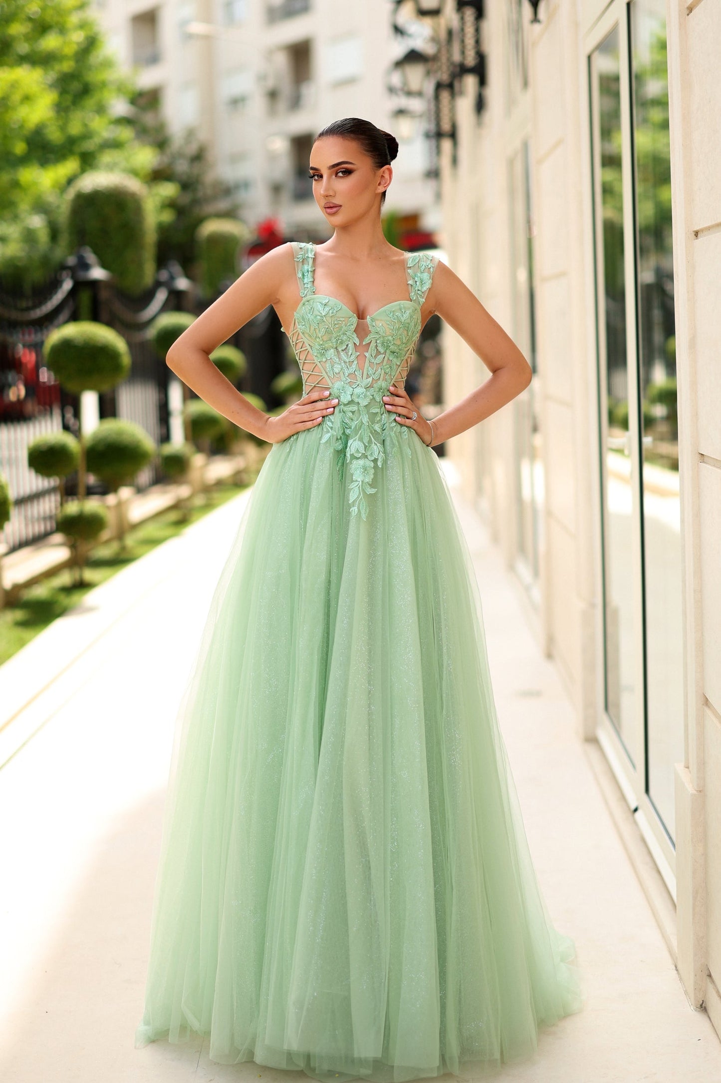 Prom Dresses Long Formal Lace Applique A Line Prom Dress Pale Sage
