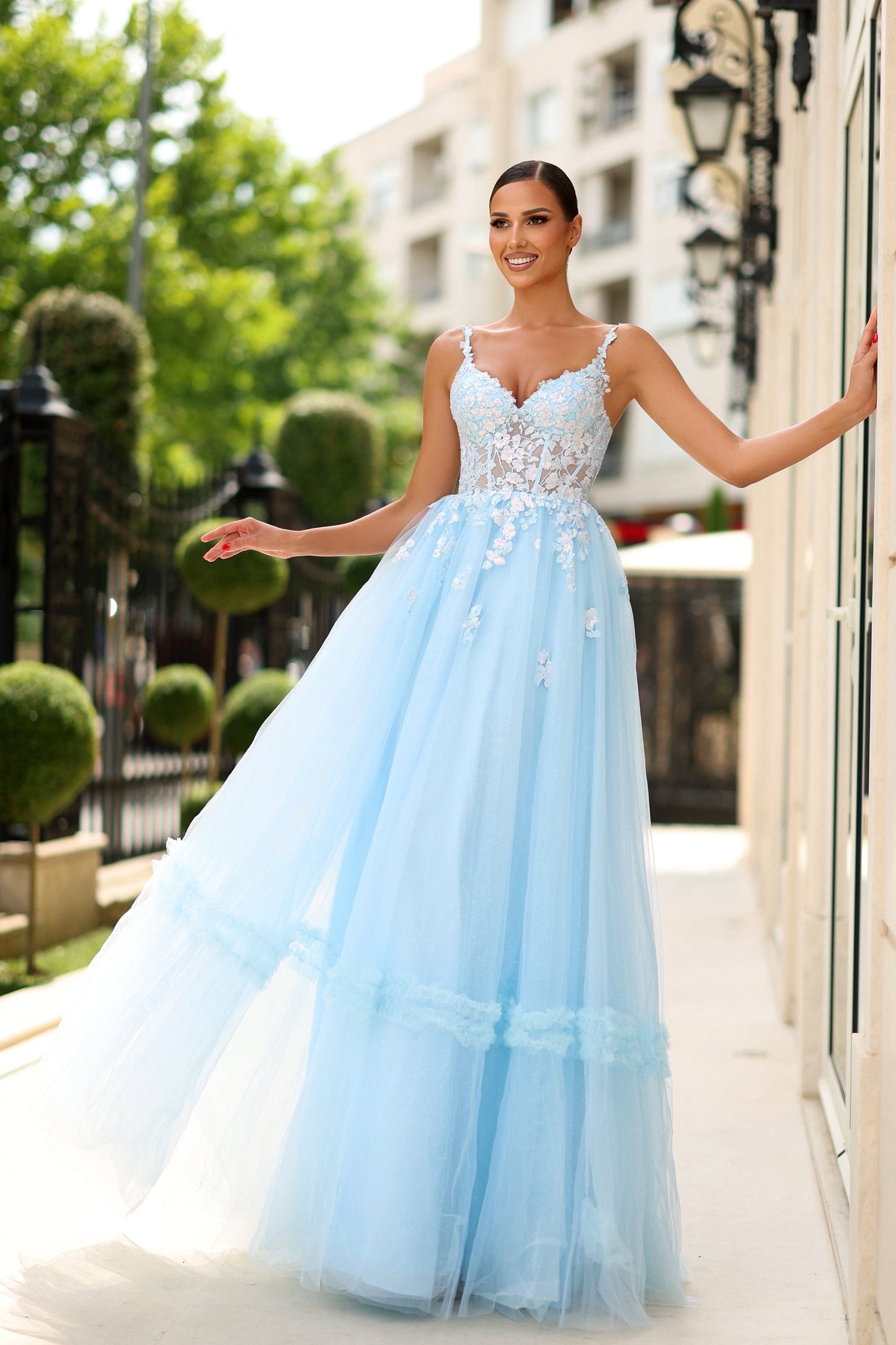 Prom Dresses Long Ball Gown A Line Lace Applique Prom Dress Ice Blue