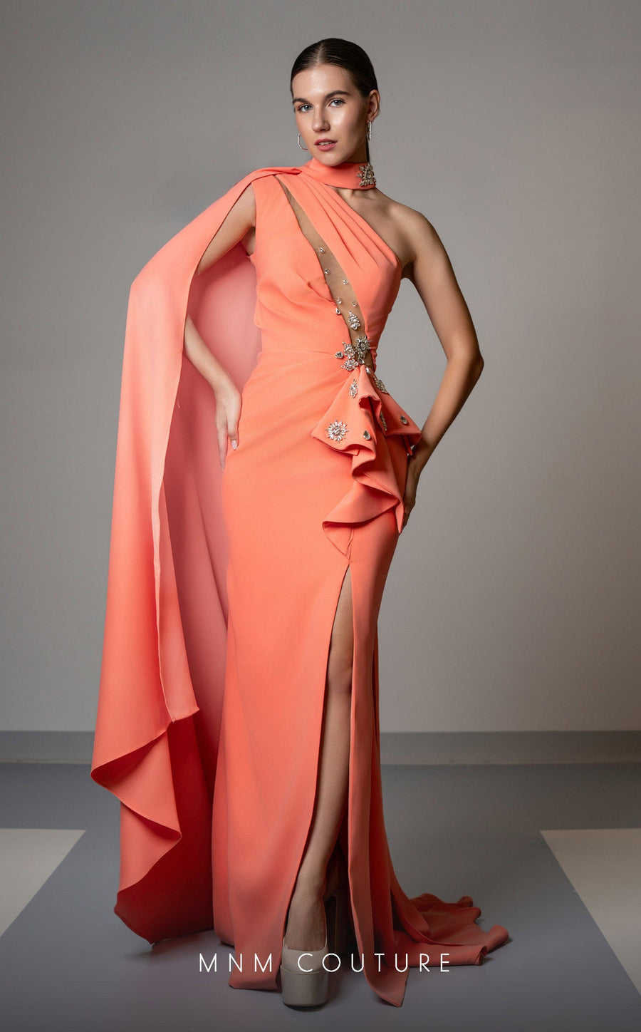 Formal Dresses Fitted Long Formal Slit Pleated Evening Dress Salmon