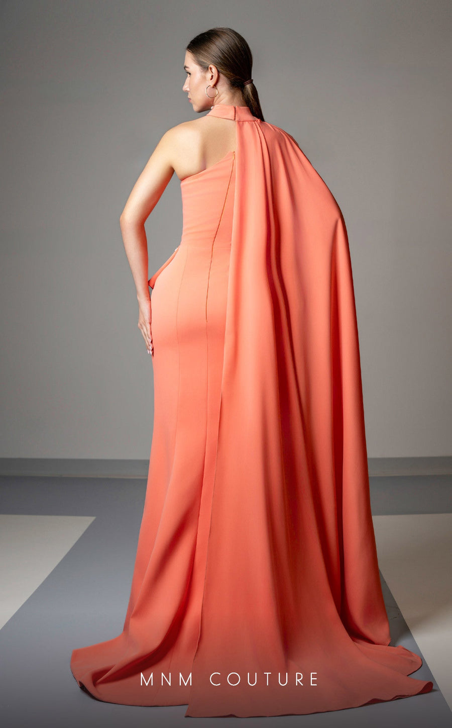 Formal Dresses Fitted Long Formal Slit Pleated Evening Dress Salmon
