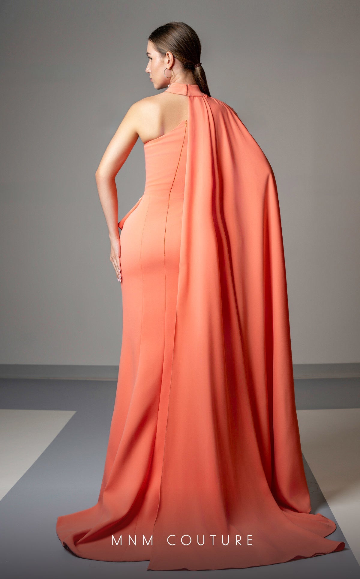 Formal Dresses Fitted Long Formal Slit Pleated Evening Dress Salmon