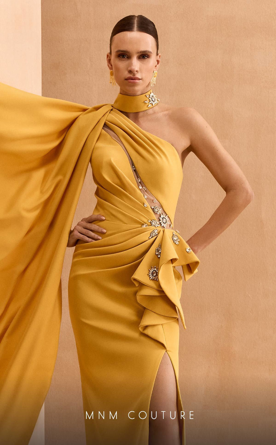 Formal Dresses Fitted Long Formal Slit Pleated Evening Dress Mustard
