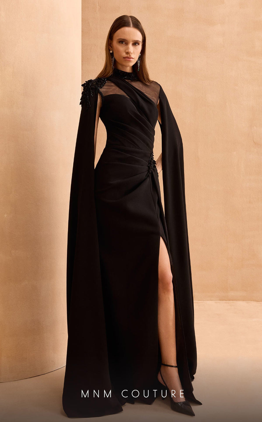 Formal Dresses Pleated Long Formal Cape Sleeve Evening Dress Black