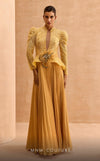 Formal Dresses Pleated Long Sleeve Formal Beaded Peplum Evening Dress Yellow