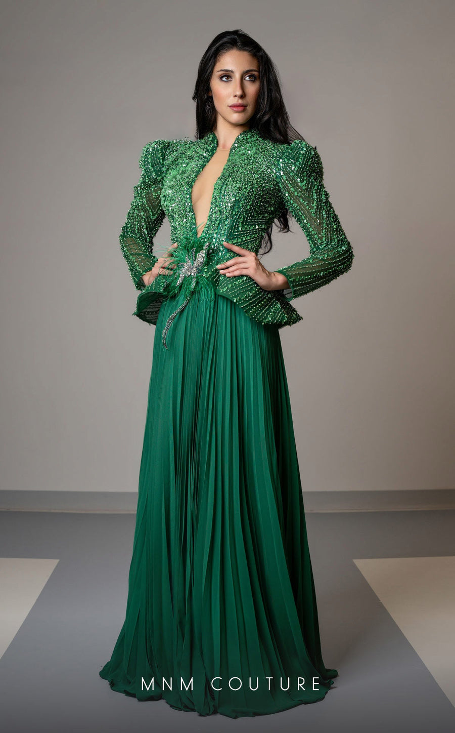 Formal Dresses Pleated Long Sleeve Formal Beaded Peplum Evening Dress Emerald Green