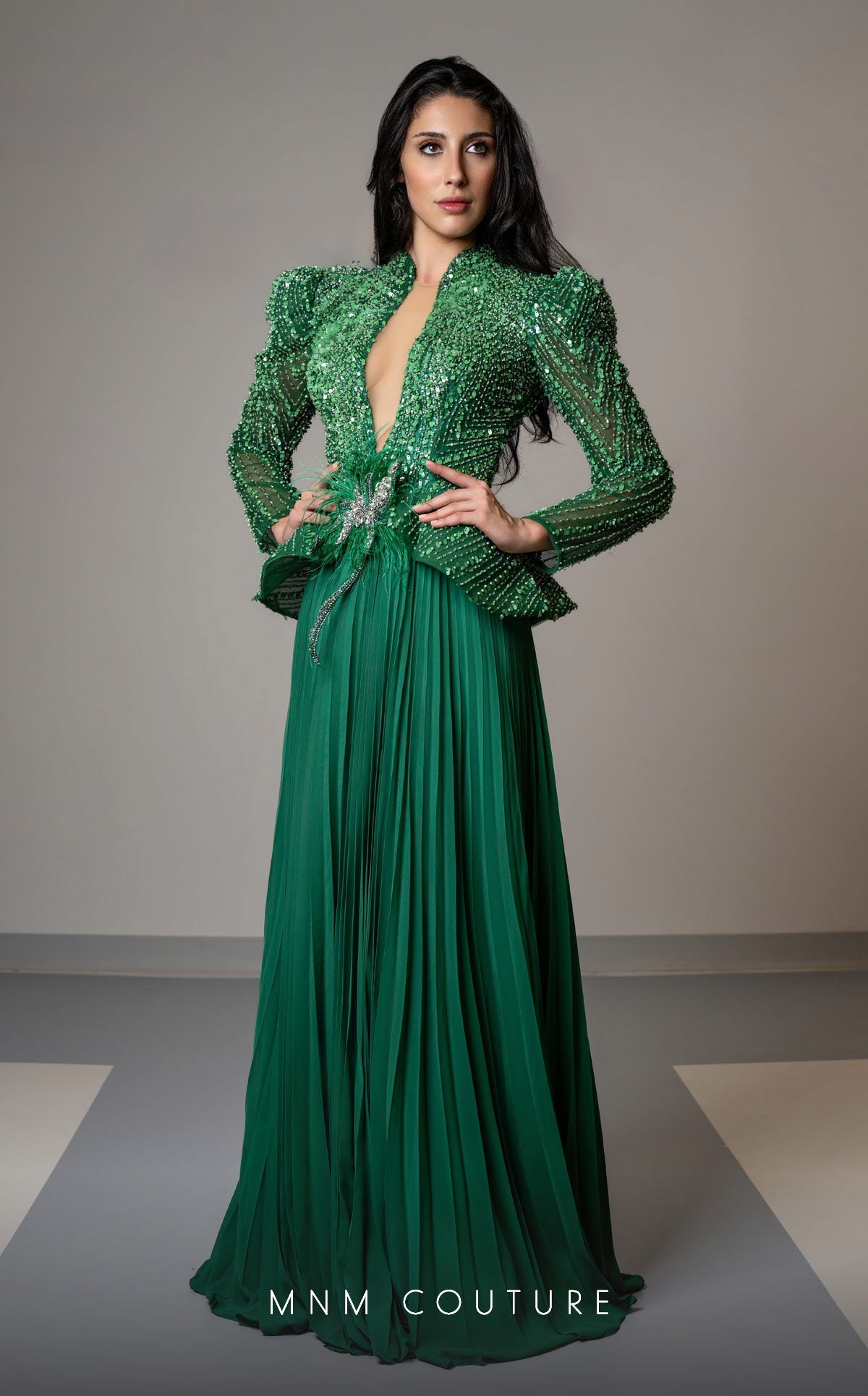 Formal Dresses Pleated Long Sleeve Formal Beaded Peplum Evening Dress Emerald Green