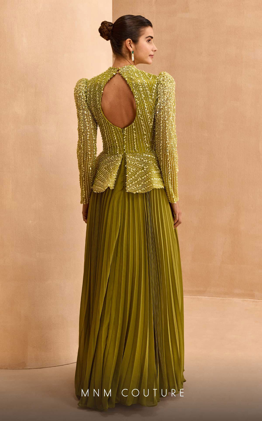 Formal Dresses Pleated Long Sleeve Formal Beaded Peplum Evening Dress Green