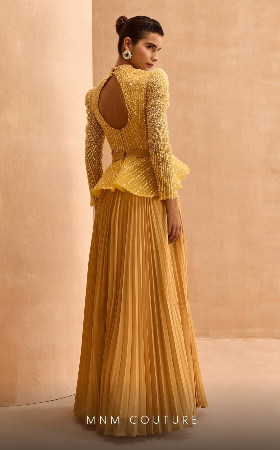 Formal Dresses Pleated Long Sleeve Formal Beaded Peplum Evening Dress Yellow