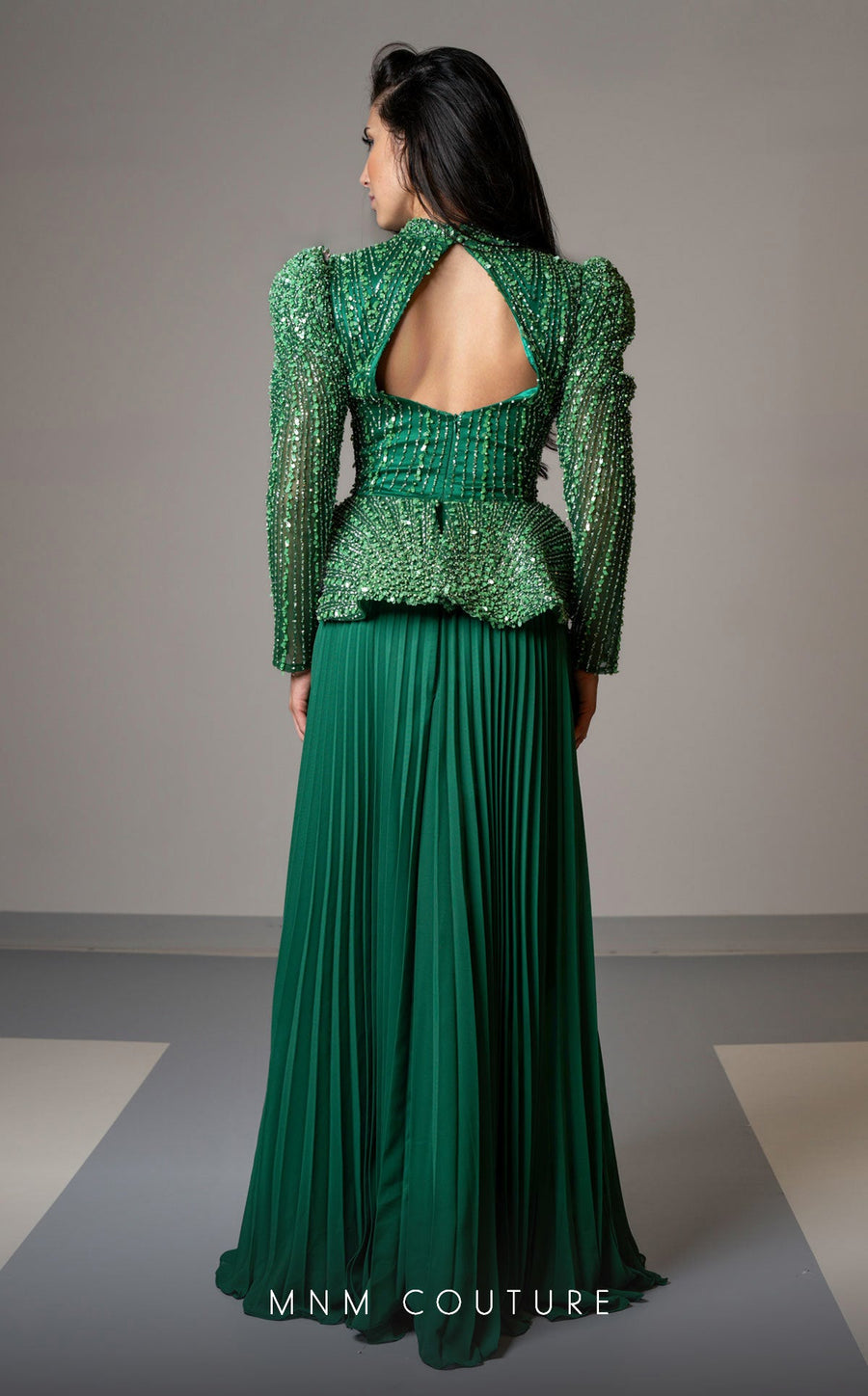 Formal Dresses Pleated Long Sleeve Formal Beaded Peplum Evening Dress Emerald Green