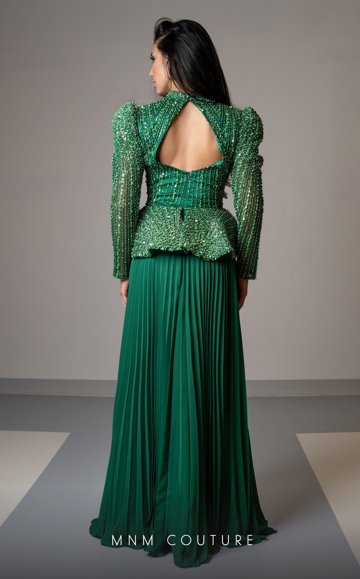 Formal Dresses Pleated Long Sleeve Formal Beaded Peplum Evening Dress Emerald Green