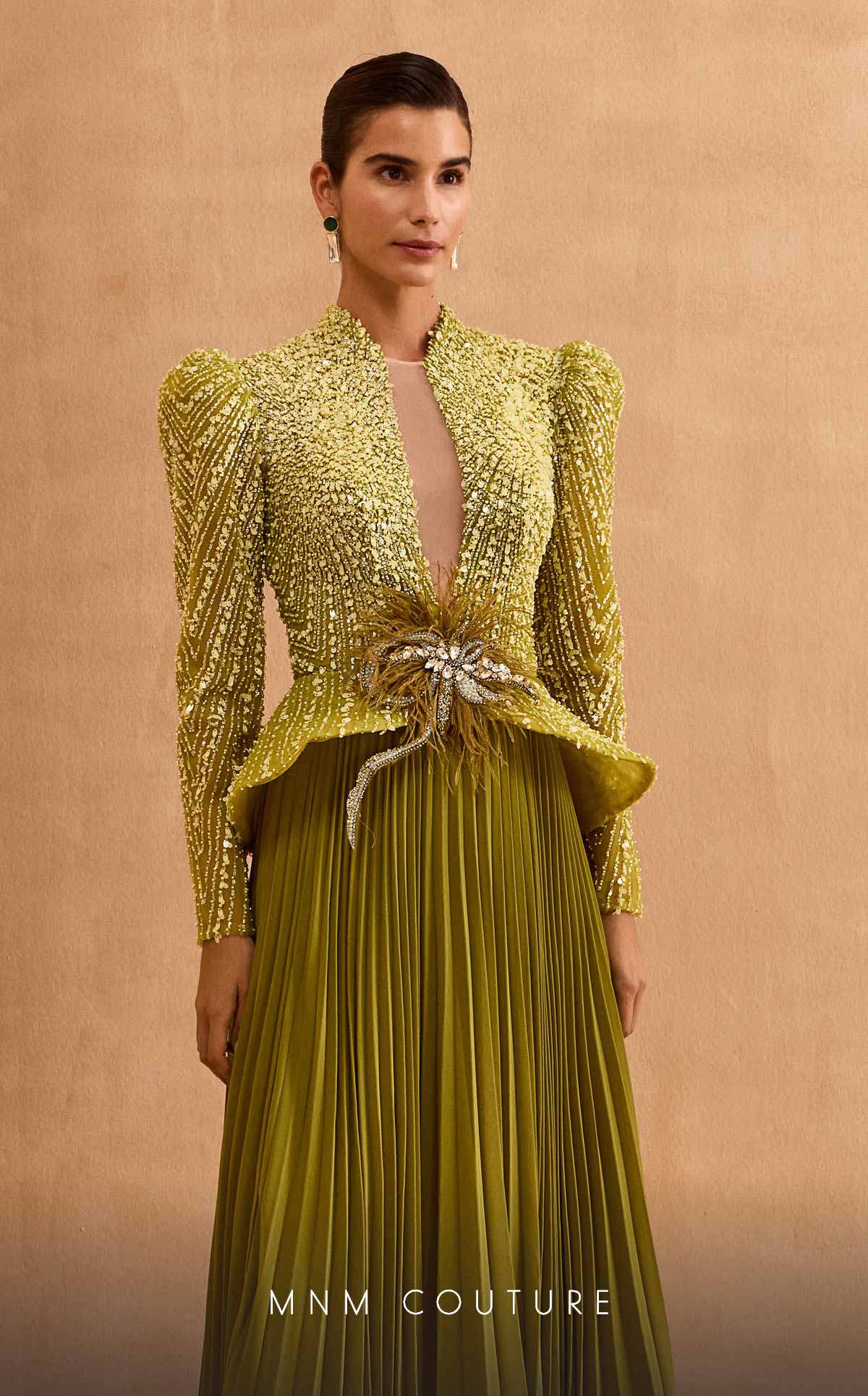 Formal Dresses Pleated Long Sleeve Formal Beaded Peplum Evening Dress Green