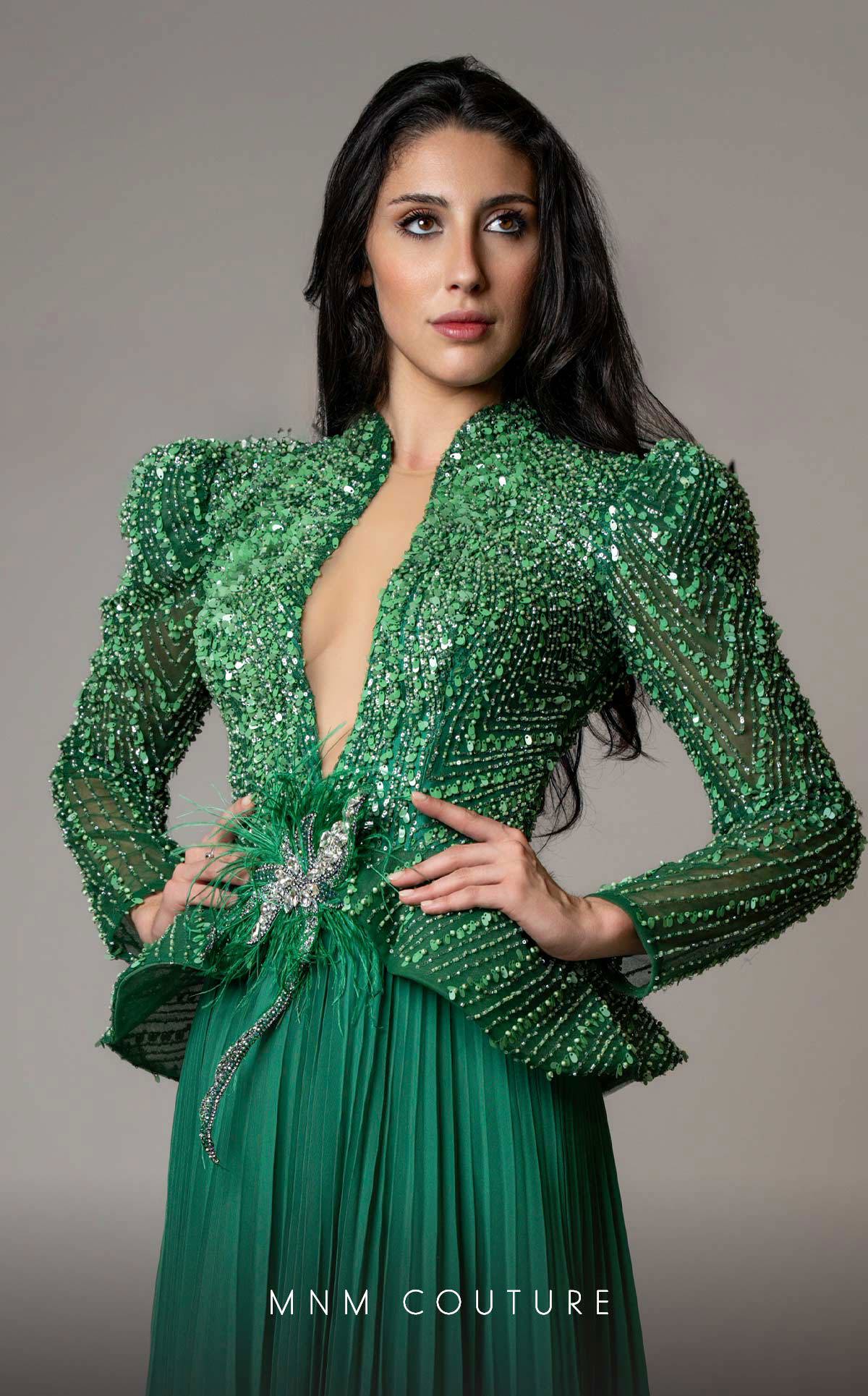 Formal Dresses Pleated Long Sleeve Formal Beaded Peplum Evening Dress Emerald Green