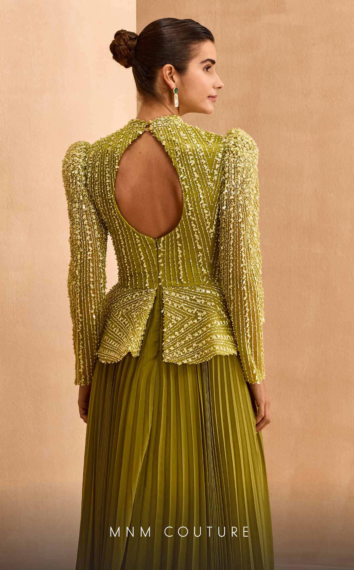Formal Dresses Pleated Long Sleeve Formal Beaded Peplum Evening Dress Green