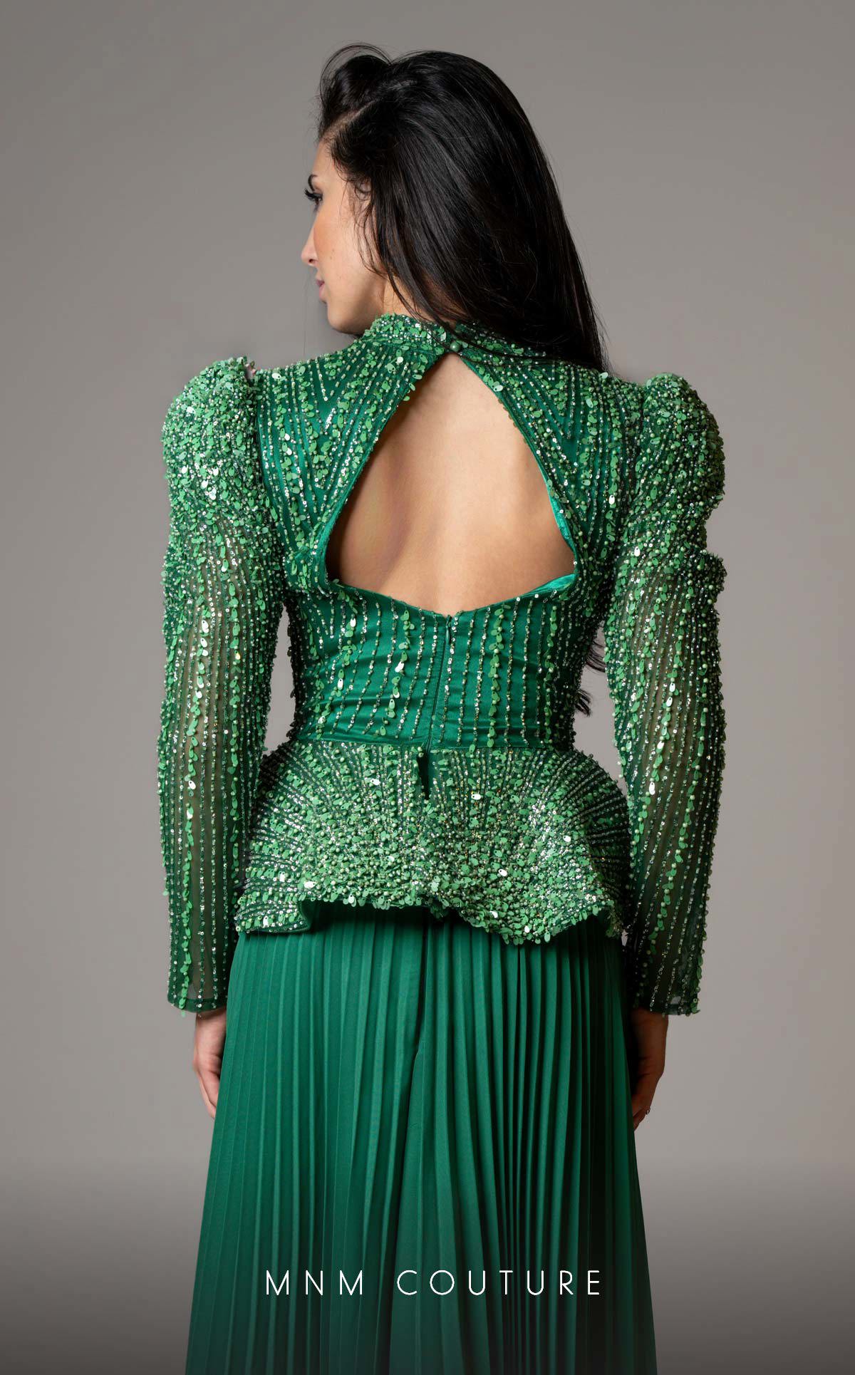 Formal Dresses Pleated Long Sleeve Formal Beaded Peplum Evening Dress Emerald Green