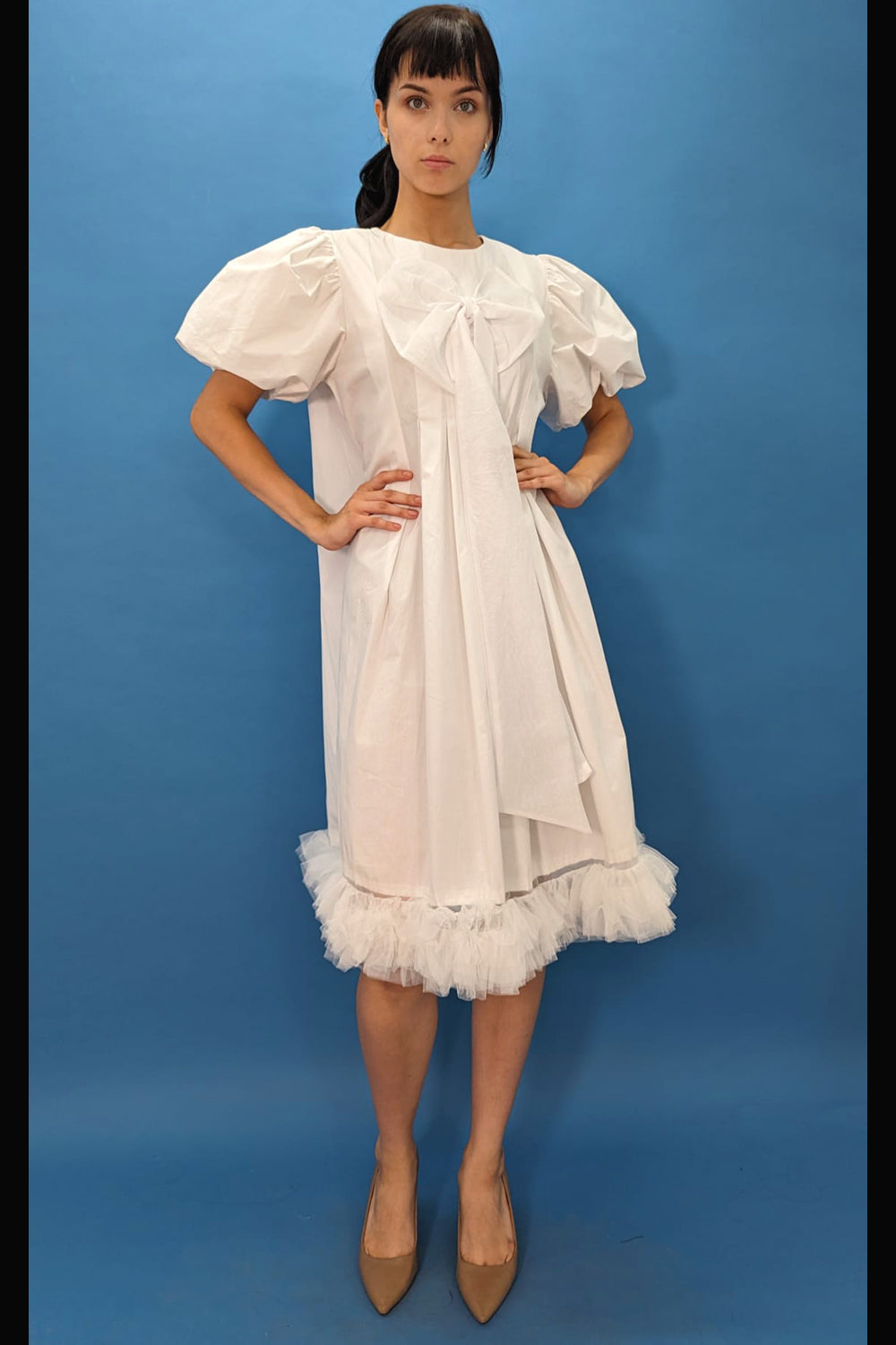 Cocktail Dresses Short Puff Sleeve Bow Cotton Blend Dress White