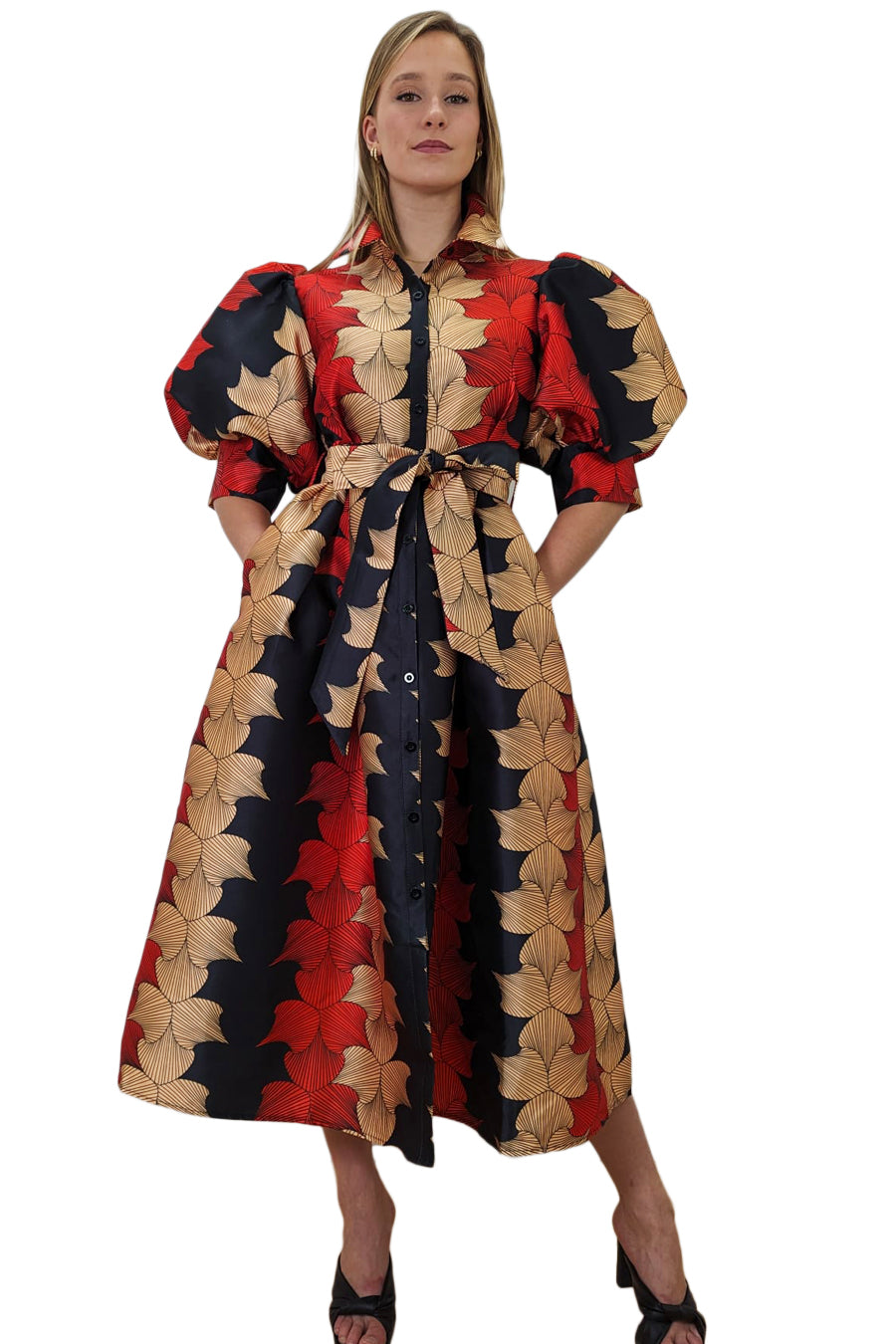 Formal Dresses Puff Sleeve Button Down Pockets Wrap Belt Dress Multi