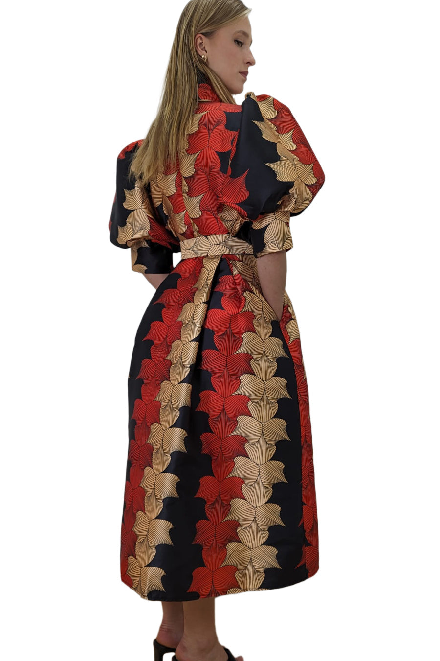 Formal Dresses Puff Sleeve Button Down Pockets Wrap Belt Dress Multi