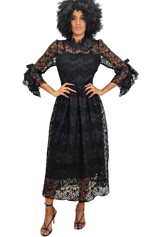 Formal Dresses 3/4 Sleeve Lace Midi Dress Black