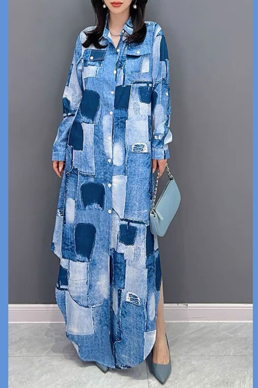 Formal Dresses Long Sleeve Parabola Cut Polyblend Dress Blue