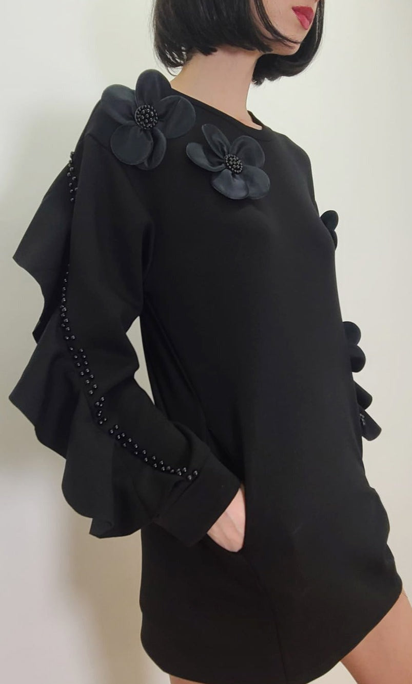 Cocktail Dresses Long Sleeve Flower Embellished Short Dress Black