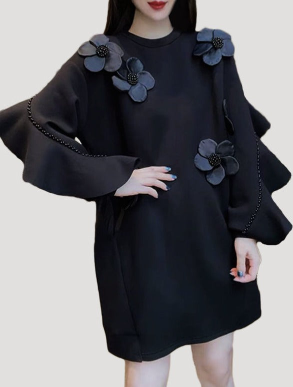 Cocktail Dresses Long Sleeve Flower Embellished Short Dress Black