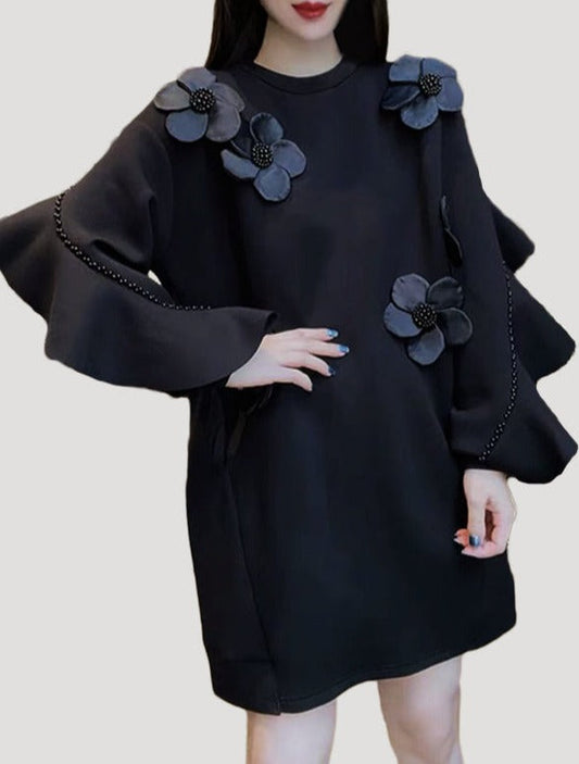 Cocktail Dresses Long Sleeve Flower Embellished Short Dress Black