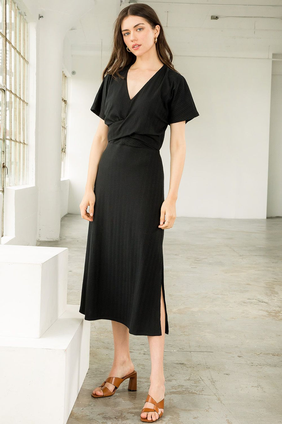 Cocktail Dresses V Neck Slit Knit Midi Dress Black