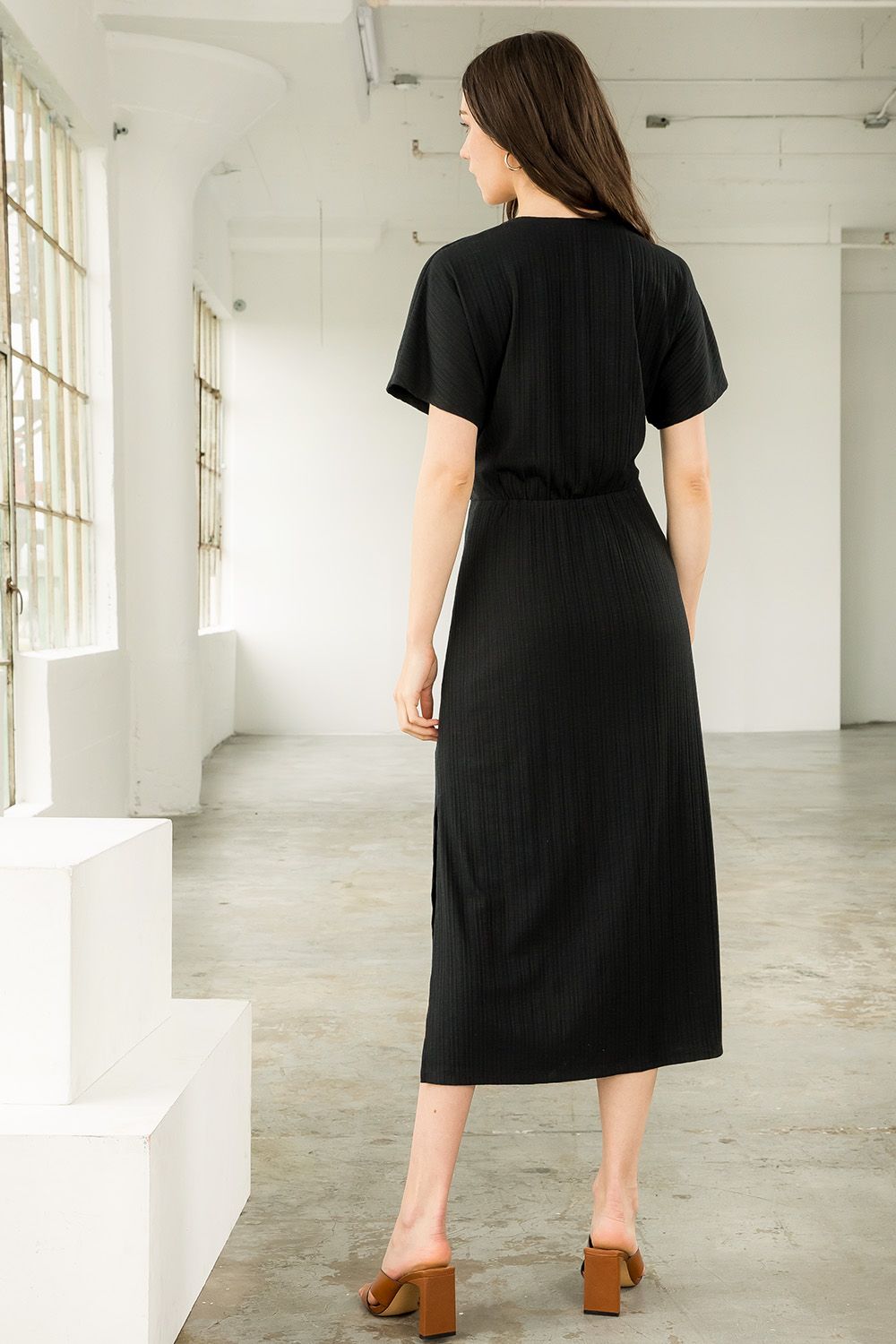 Cocktail Dresses V Neck Slit Knit Midi Dress Black