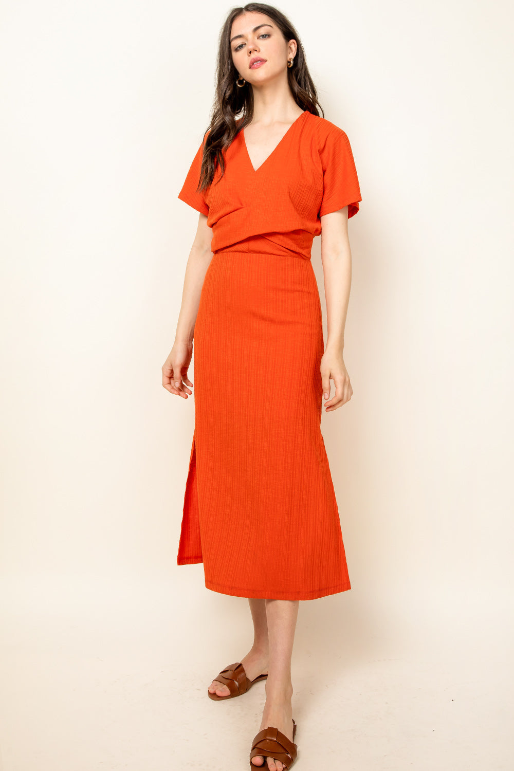 Cocktail Dresses V Neck Slit Knit Midi Dress Orange