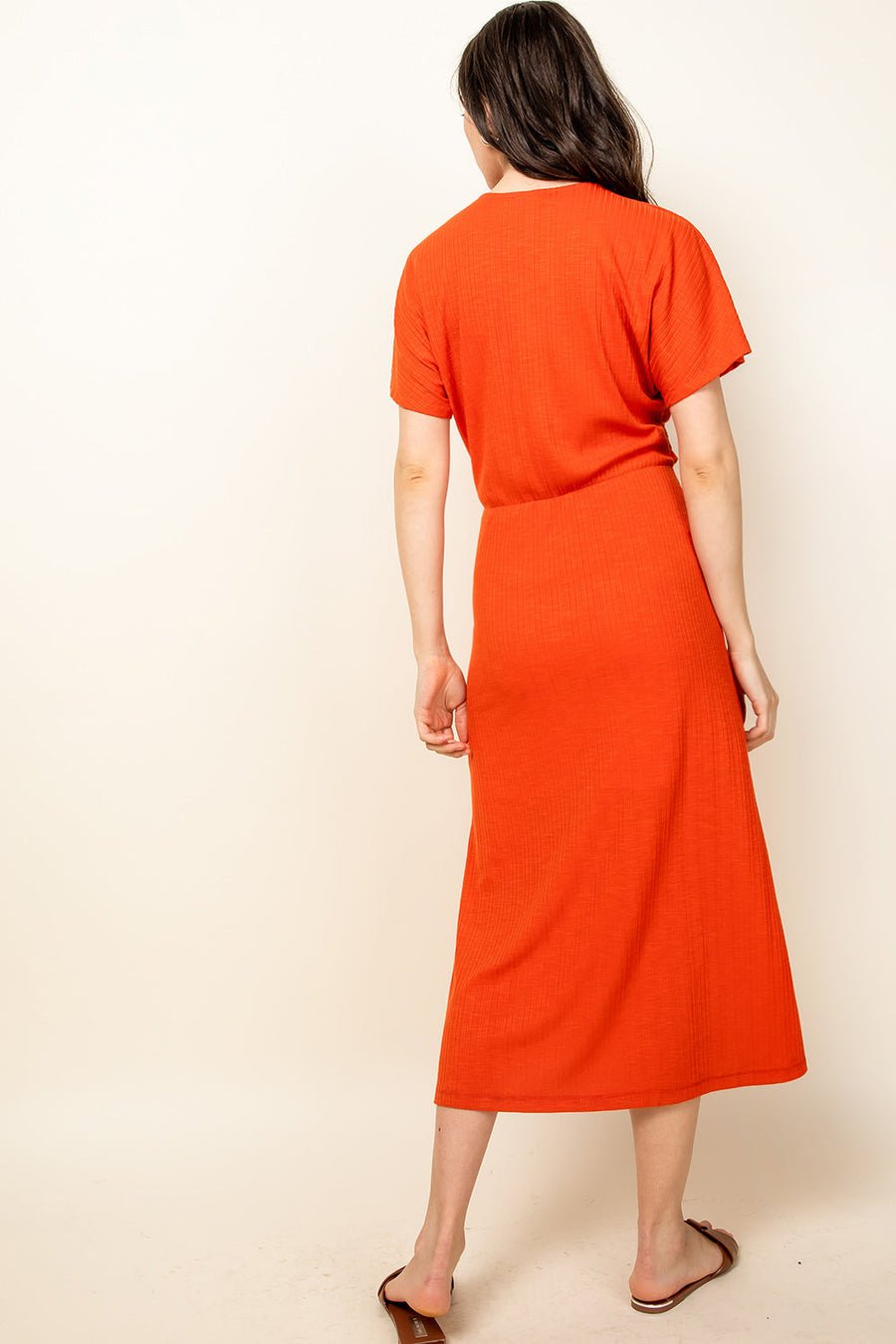 Cocktail Dresses V Neck Slit Knit Midi Dress Orange