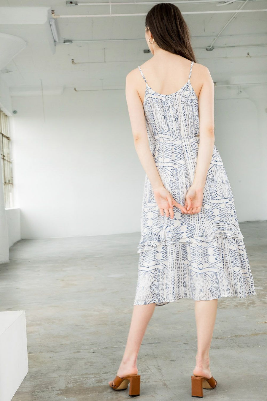 Cocktail Dresses Spaghetti Strap Ruffled Printed Midi Dress Cream