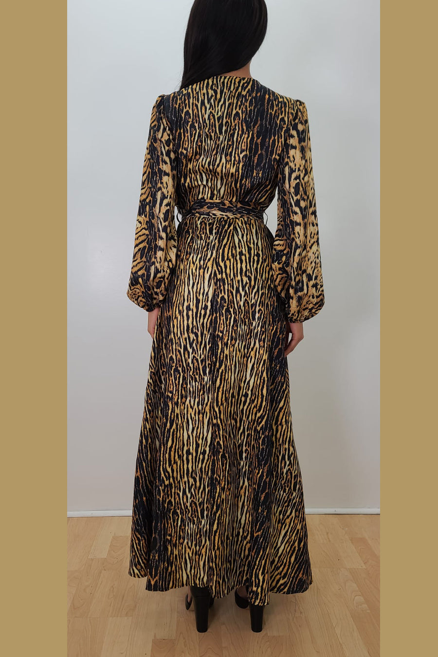 Formal Dresses Long Sleeve Leopard Print Wrap Belt V Neck Dress Multi
