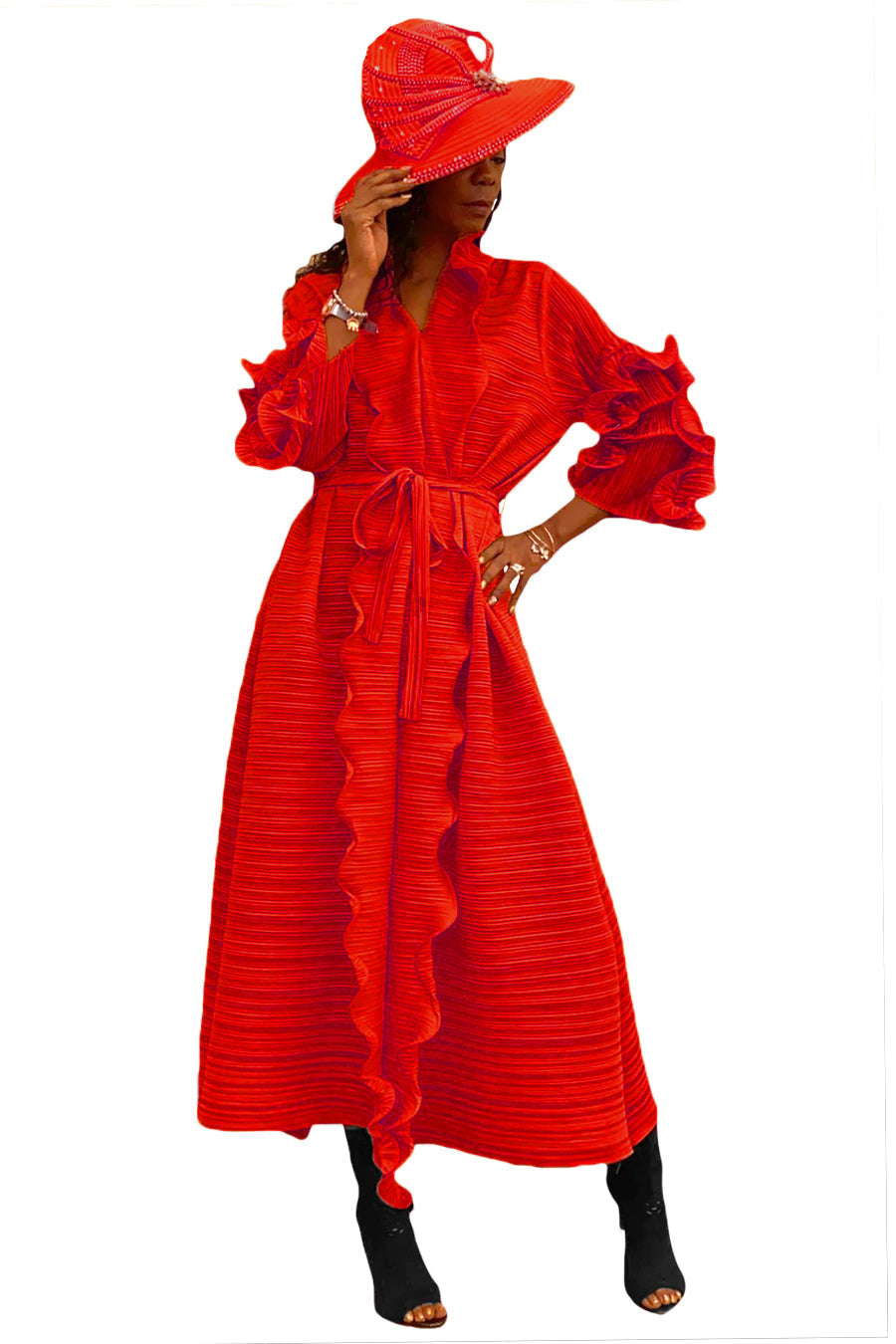 Formal Dresses 3/4 Sleeve Ruffle Pleated V Neck Midi Dress Red